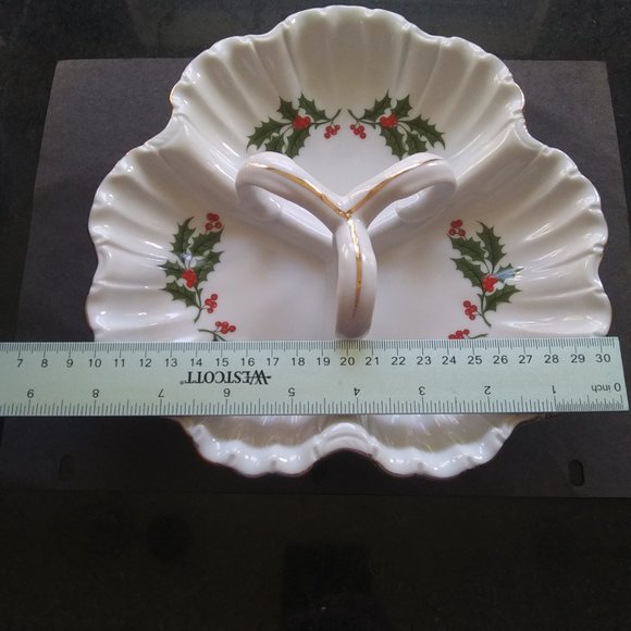 Porcelain three section Relish candy Christmas dish Holly Gold Trim - Picture 12 of 15